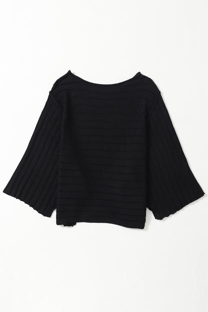 Ribbed Knit Reverse Seam 3/4 Sleeve Sweater