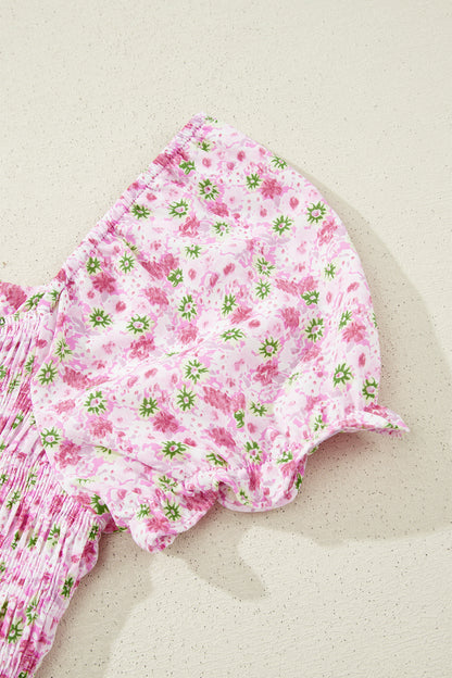 Floral Bubble Sleeve Shirred Waist Maxi Dress