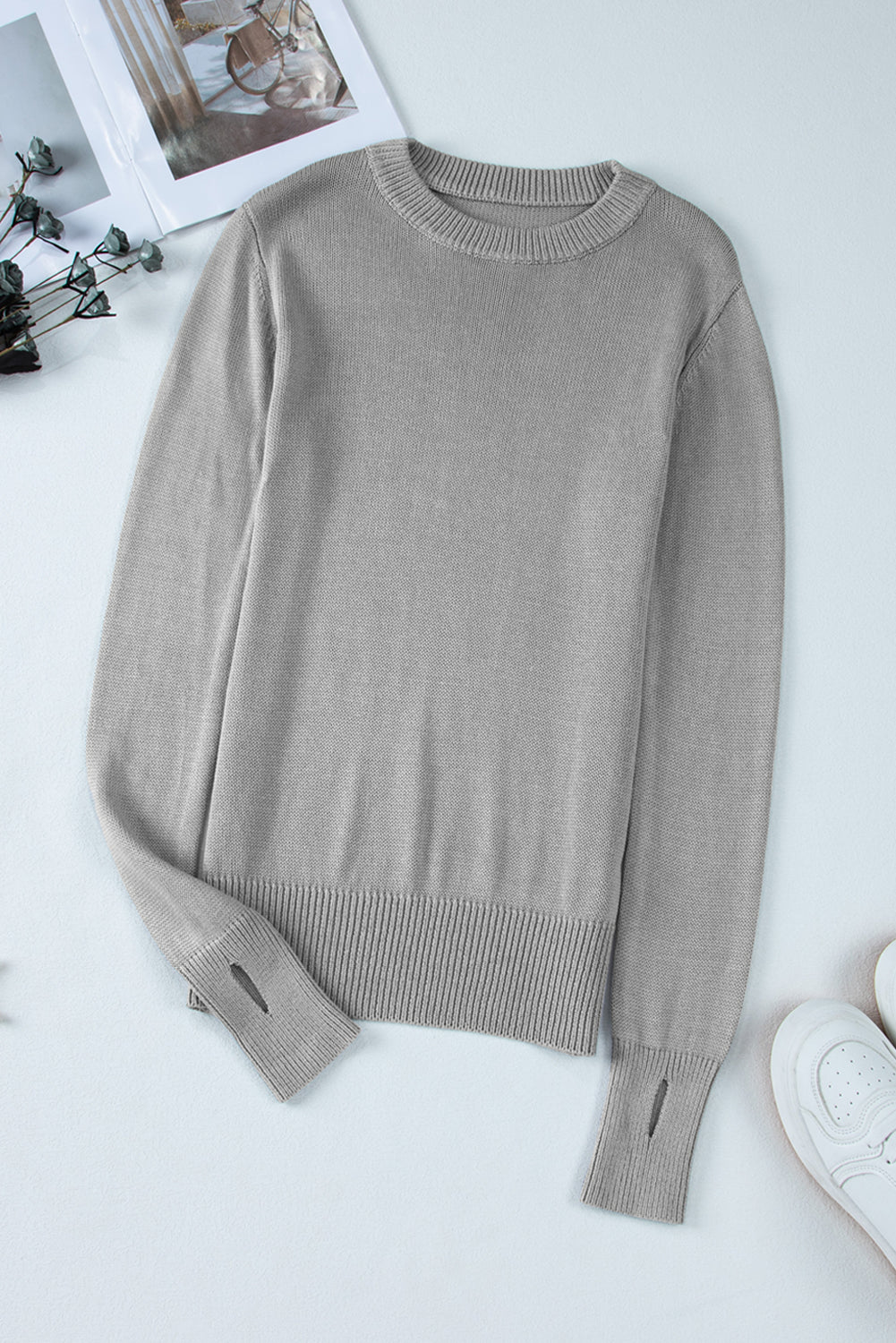 Solid Long Thumbhole Sleeve Sweater