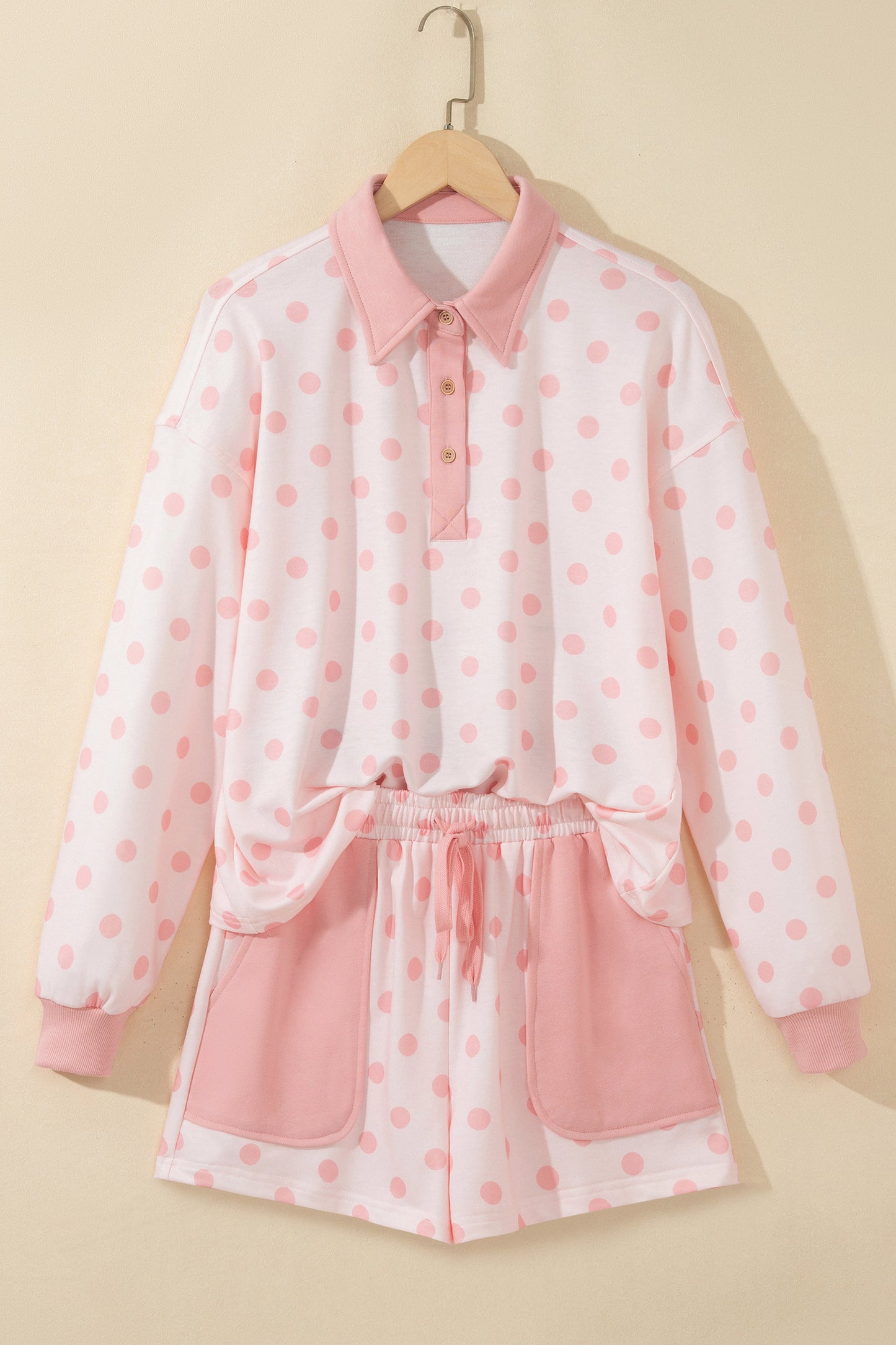 Polka Dot Polo Pullover & Elastic Waist Shorts Set