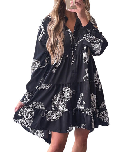 Leopard Ruffle Tiered Shirt Dress