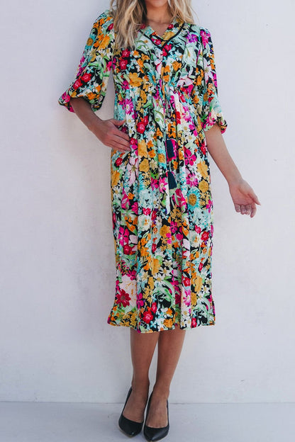 Floral 3/4 Puff Sleeve Midi Dress