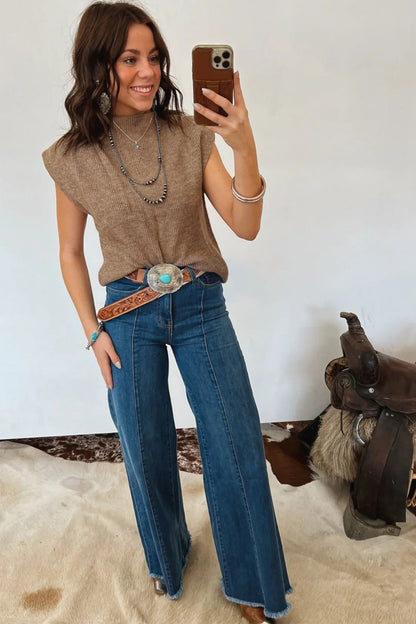 Solid Ribbed Knit Mock Neck Sleeveless Sweater