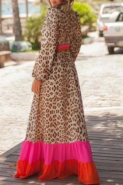 Leopard Colorblock Long Sleeve Maxi Dress