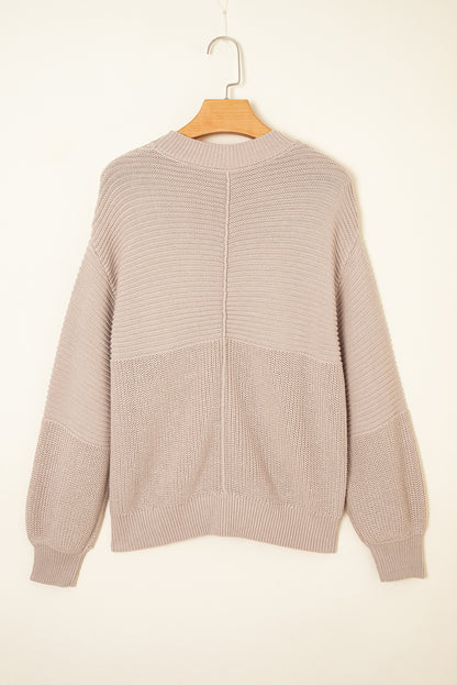 Ribbed Patchwork Textured Knit Puff Sleeve Sweater