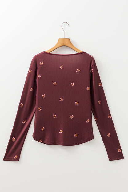 Floral Ribbed Notched Neck Long Sleeve Top