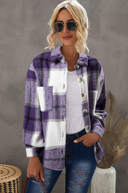 Plaid Button-Up Long Sleeve Pocketed Shacket