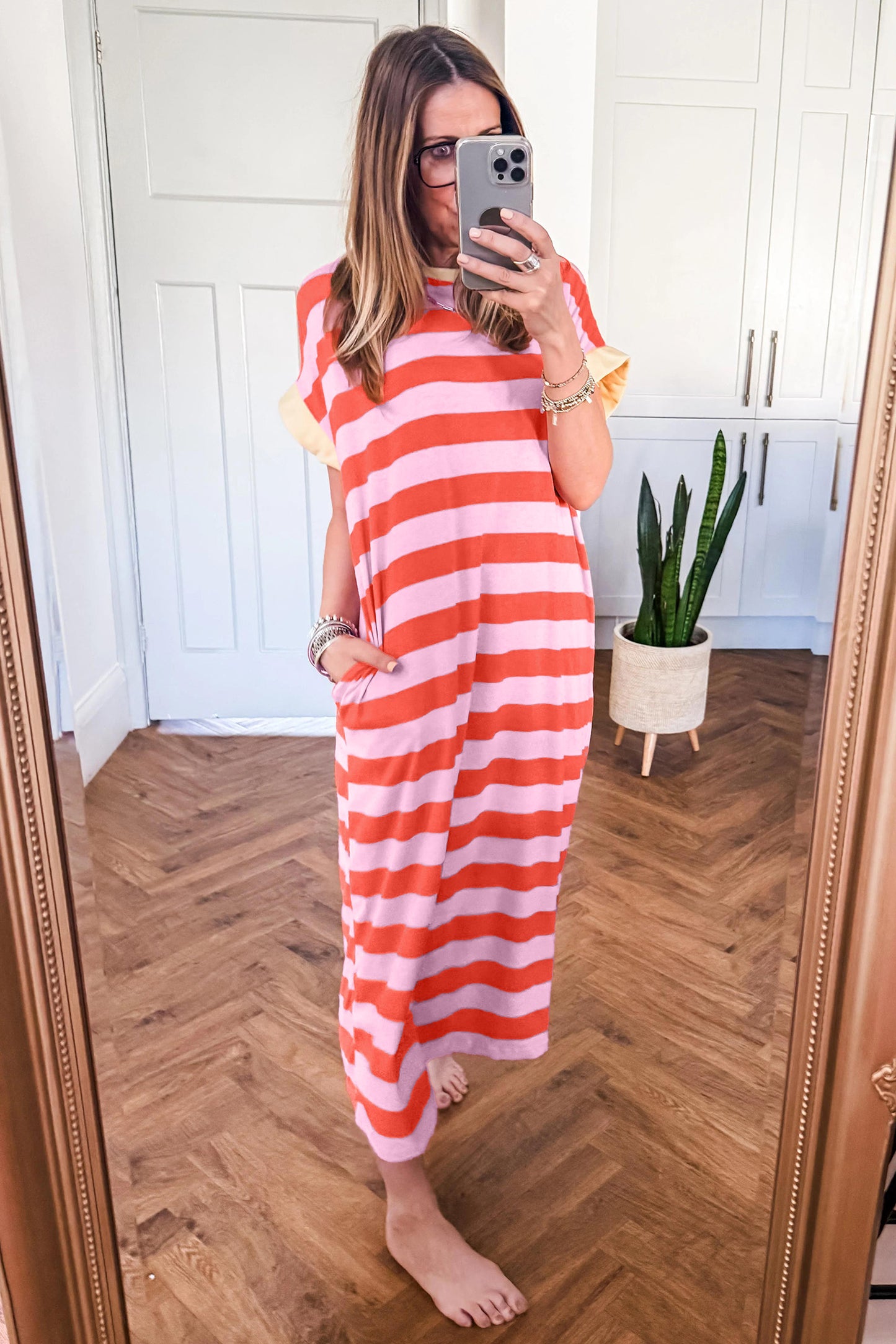 Stripe Cuffed Short Sleeve T-Shirt Long Dress w/ Pockets
