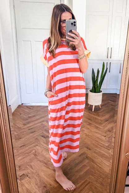 Stripe Cuffed Short Sleeve T-Shirt Long Dress w/ Pockets