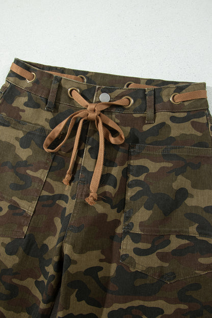 Camo Retro Grommet Tie Waist Loose Jeans