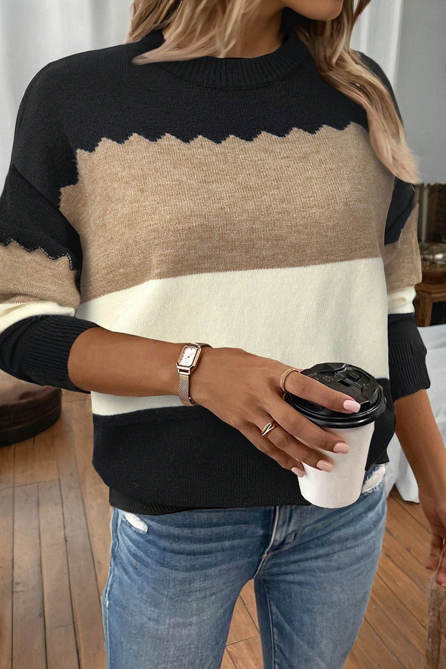 Colorblock Crew Neck Drop Shoulder Sweater