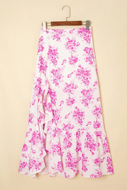 Floral Boho High Waist Ruffle Split Maxi Skirt