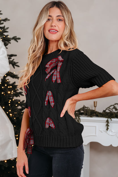 Christmas Plaid Lace-Up Puff Sleeve Sweater