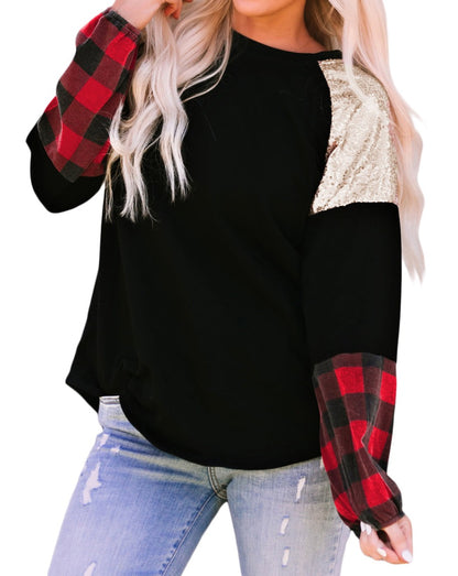 Sequin Plaid Patchwork Crewneck Blouse