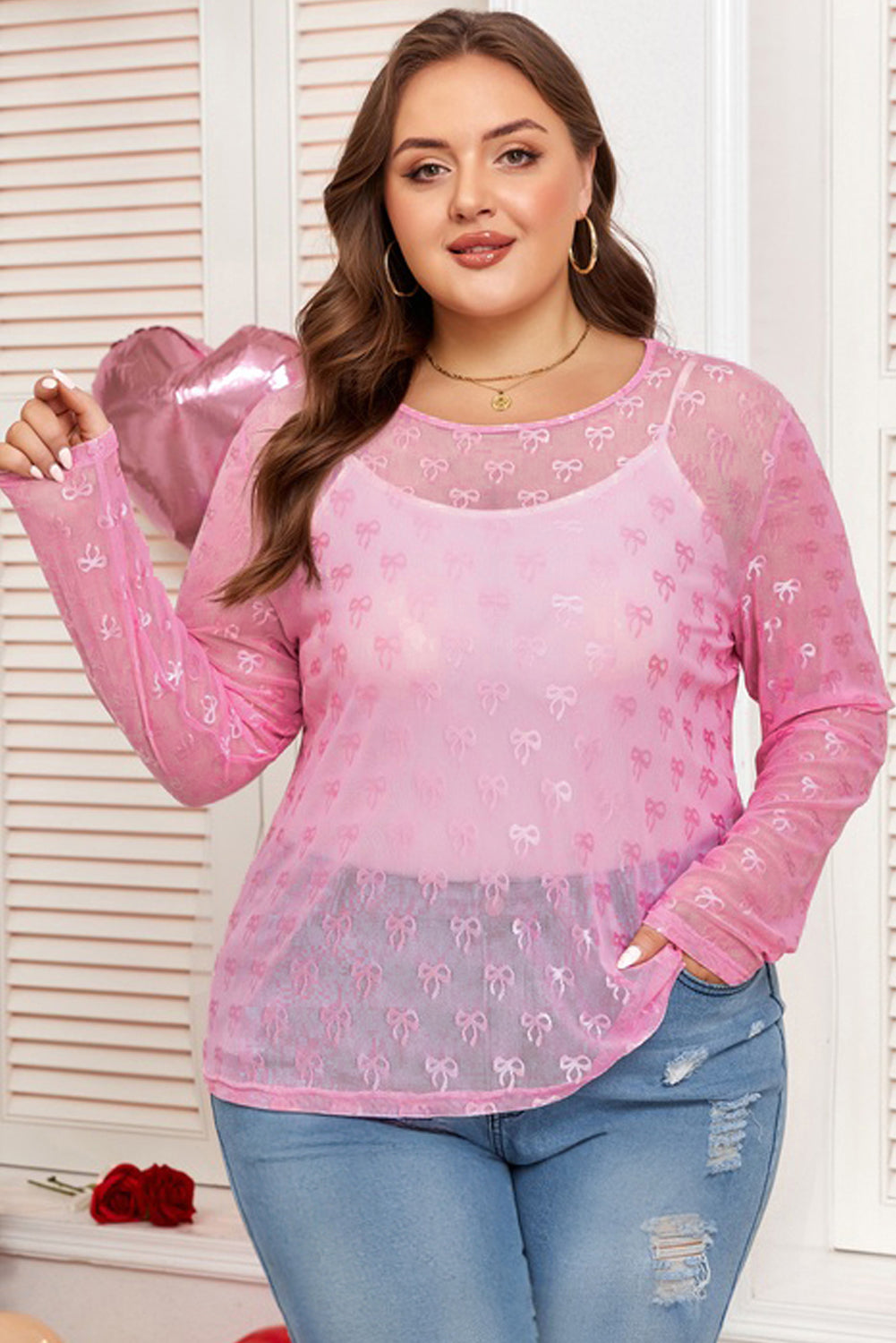 Plus Size Bow Tie Mesh Embroidered Long Sleeve Top