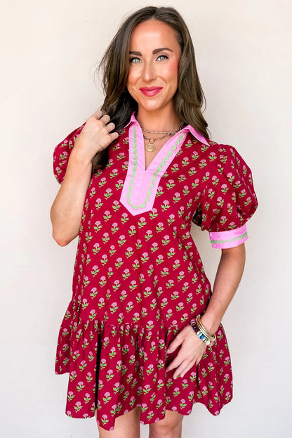 Floral V-Neck Short Bubble Sleeve Mini Dress