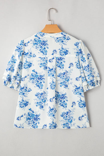 Floral Tiered Puff Sleeve Pleated Bust Buttoned Shirt