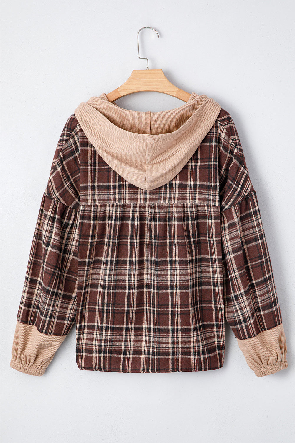 Plaid Quarter-Button Patchwork Long Sleeve Hooded Blouse