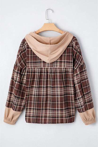 Plaid Quarter-Button Patchwork Long Sleeve Hooded Blouse