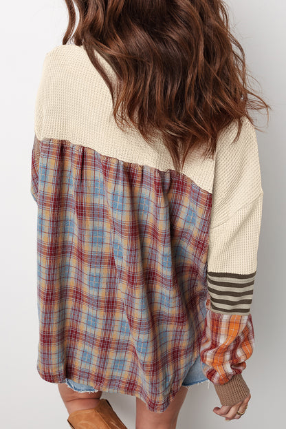 Stripe Plaid Patchwork Waffle Knit Henley Top