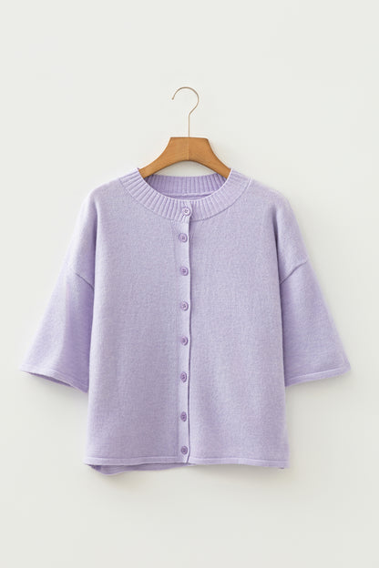Solid 3/4 Sleeve Boxy Button-Down Cardigan