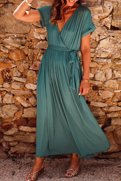 Pleated V-Neck Wrap Maxi Dress