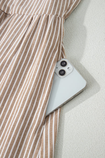 Stripe Flutter Sleeve Buttoned V-Neck Maxi Dress