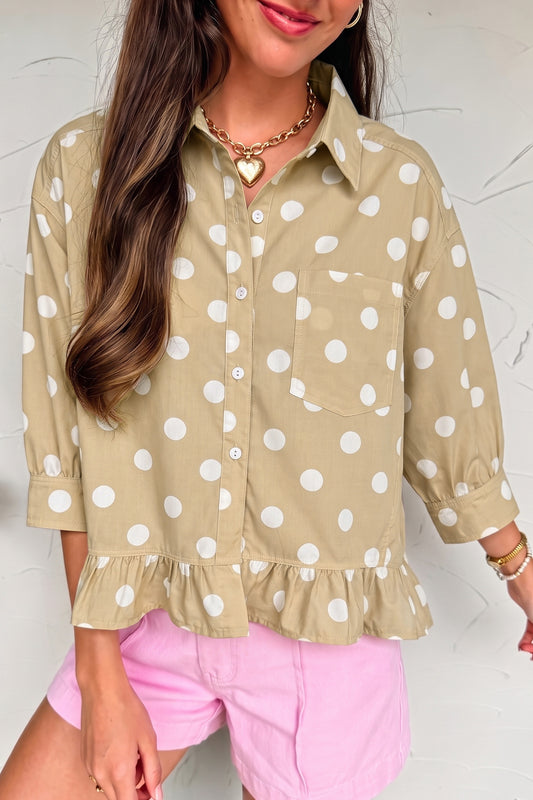 Polka Dot 3/4 Sleeve Ruffle Hem Shirt