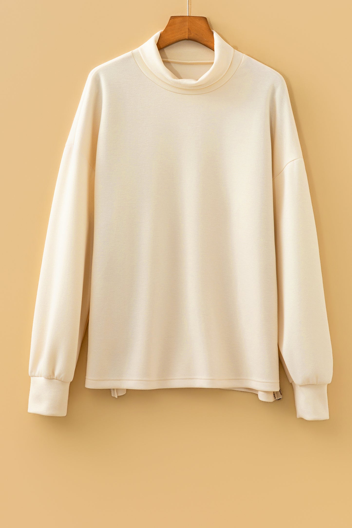 Leopard Trim Split Hem Mock Neck Long Sleeve Top