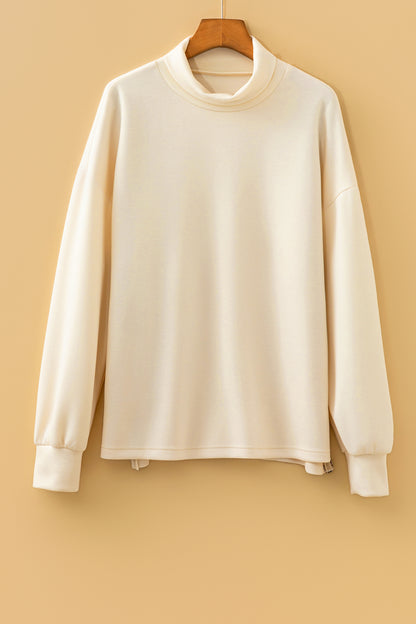 Leopard Trim Split Hem Mock Neck Long Sleeve Top