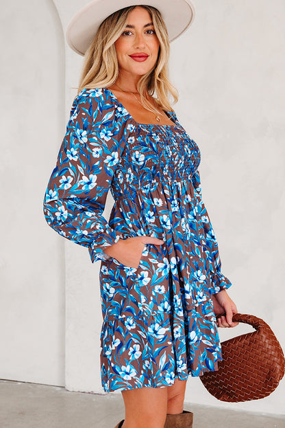 Floral Smocked Bodice Ruffle Sleeve Dress
