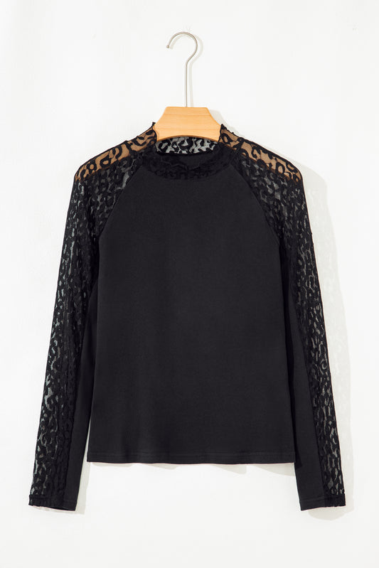 Leopard Mesh Patchwork Long Sleeve Top