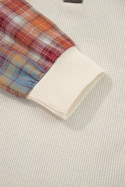 Stripe Plaid Patchwork Waffle Knit Henley Top