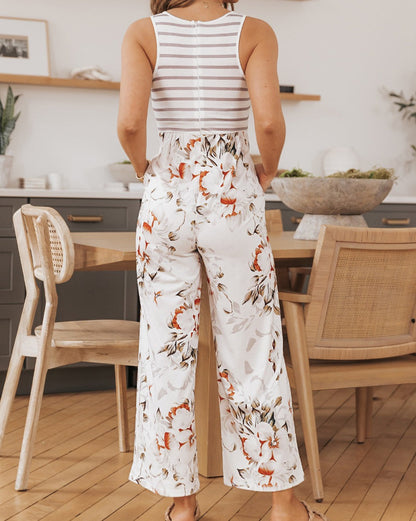 Floral Stripe Colorblock Sleeveless Jumpsuit