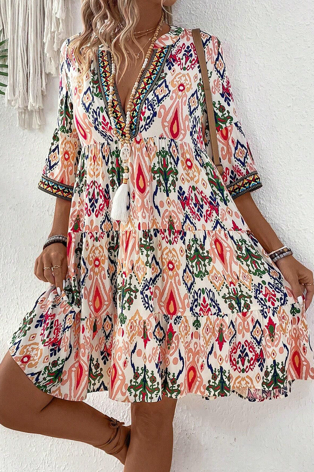 Boho V-Neck 3/4 Sleeve Mini Dress