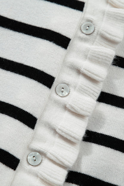 Stripe Ruffle Knit Short Sleeve Buttoned Cardigan