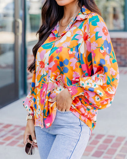 Floral Balloon Sleeve Buttoned Shirt