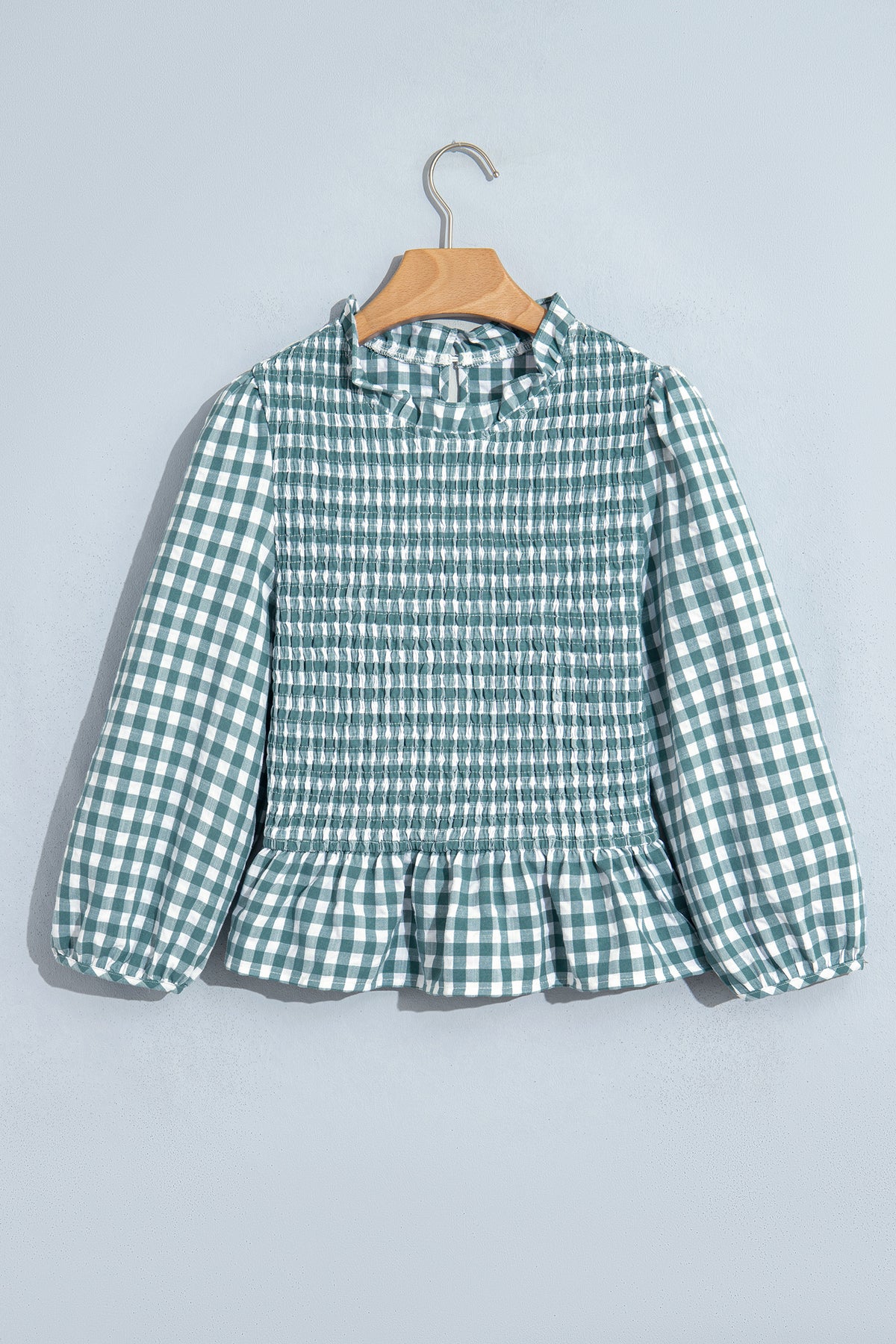 Gingham Shirred Long Sleeve Peplum Top