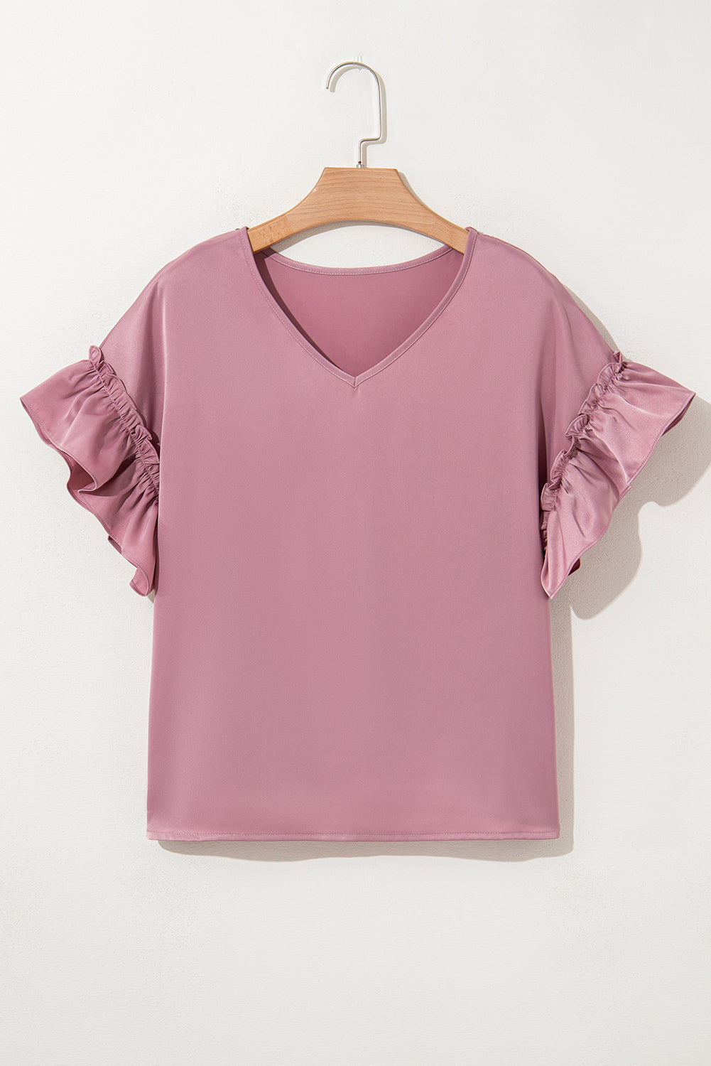 Solid Satin Ruffle Short Sleeve V-Neck Top