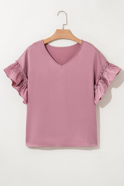 Solid Satin Ruffle Short Sleeve V-Neck Top