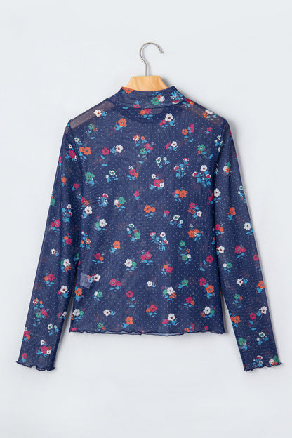 Polka Dot Floral Mesh Lettuce Trim Long Sleeve Top