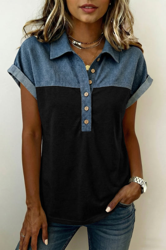 Colorblock Denim Patchwork Polo Collar Top