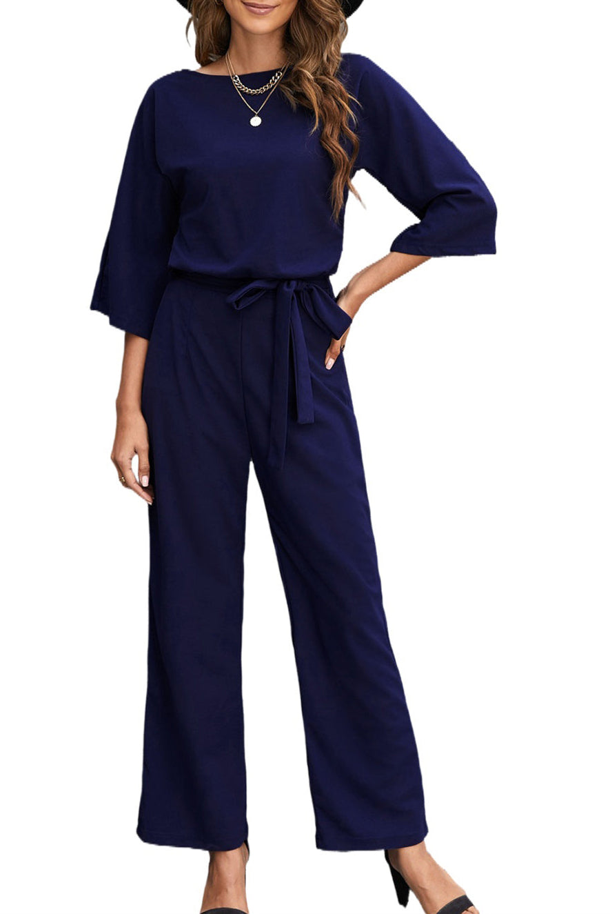 Solid 3/4 Sleeve Wide Leg Jumpsuit