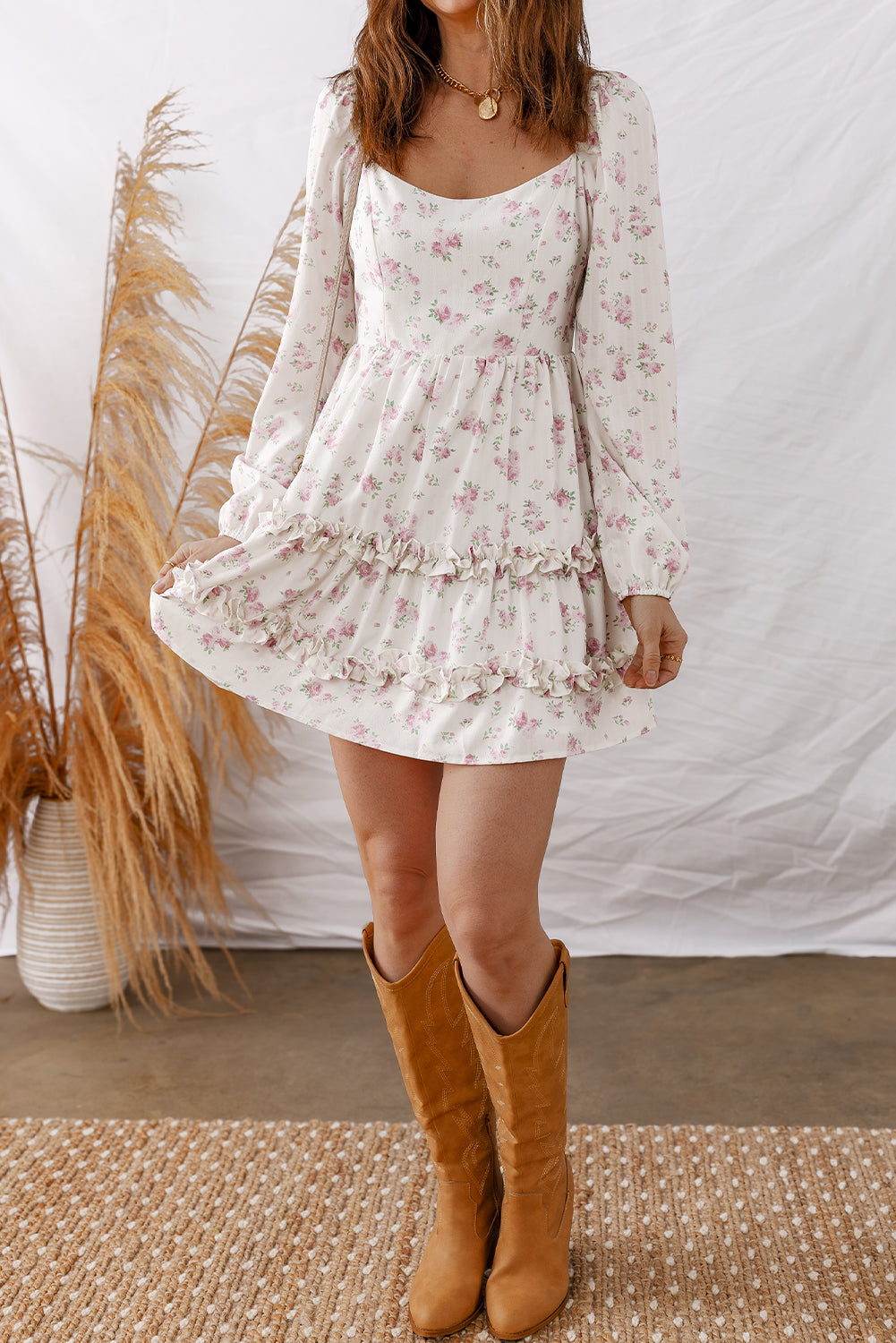 Floral Long Sleeve Ruffle Flared Mini Dress