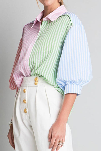 Stripe Colorblock Balloon Sleeve Shirt