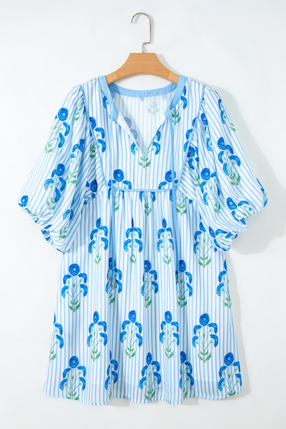 Floral Stripe Tie Notch Puff Sleeve Dress