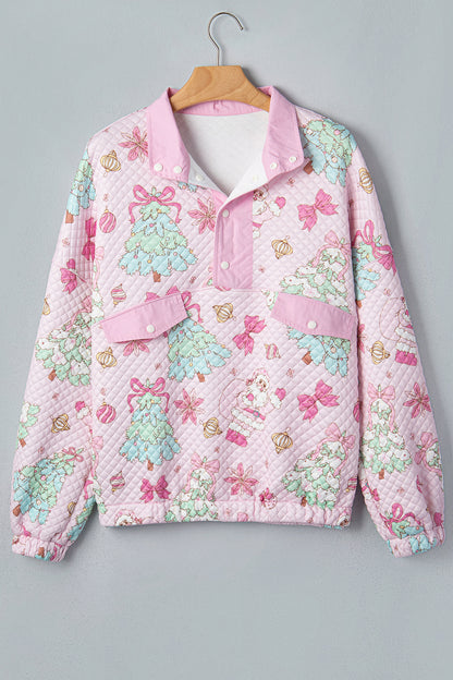 Christmas Santa Quilted Buttoned Collar Sweatshirt
