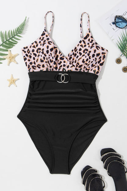 Leopard Colorblock Belted One-Piece Swimsuit