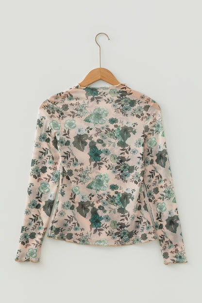 Floral Mesh Mock Neck Long Sleeve Top