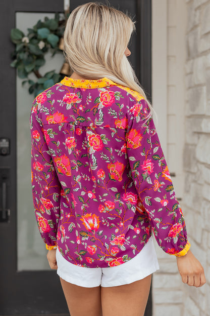 Floral Patchwork Split V-Neck Blouse